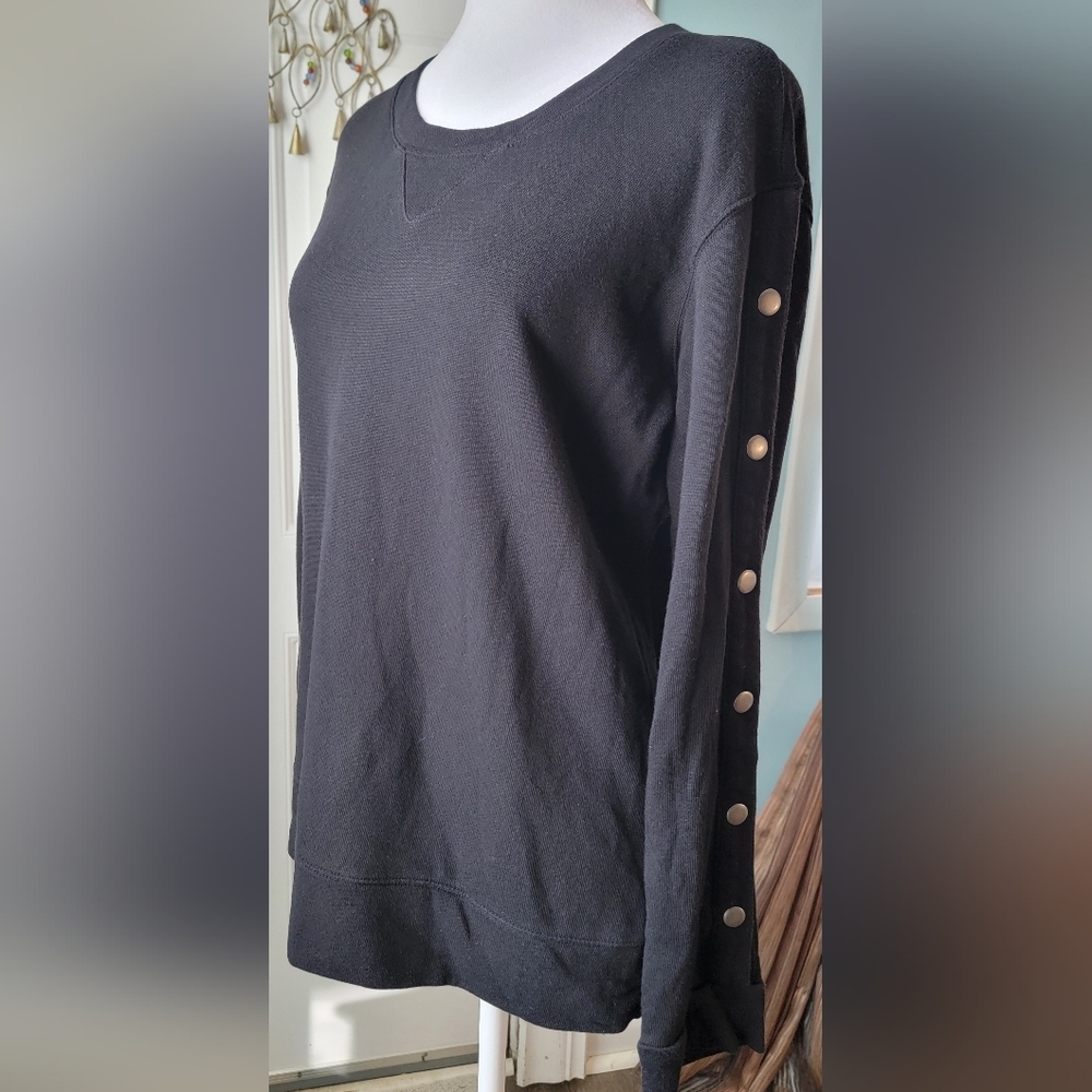 Monrow Terry Always Snap Sleeve Crew Neck Sweatshirt Womens S Black Bronze Cozy